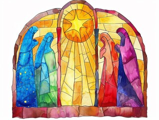 Clipart of a stained glass window depicting the Nativity watercolor