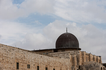The black dome of the Al Aqsa mosque on the Temple Mount or Haram al-Sharif in the Old City of Jerusalem, Israel.
