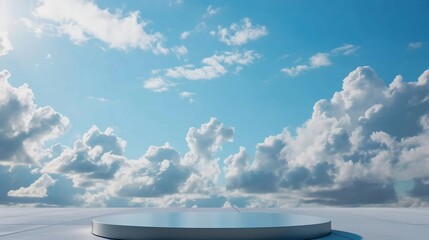 Podium mockup, blue sky cloud background, 3d render - obrazy, fototapety, plakaty