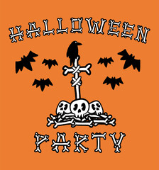 Halloween party poster template with skull, bones, bats and black raven. Vector cartoon illustration,