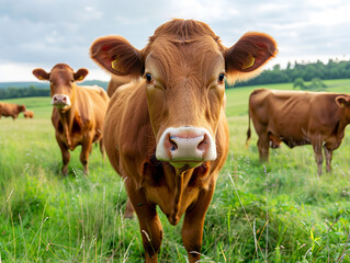 A curious brown cow looks directly at the camera, with a herd grazing in the lush field behind.