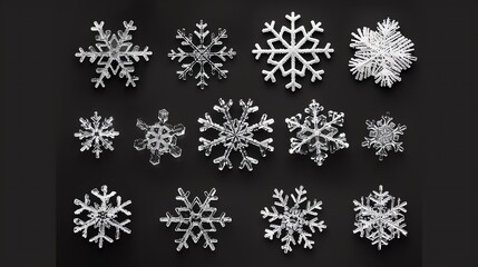 Collection of unique snowflakes, black background, studio light, topdown