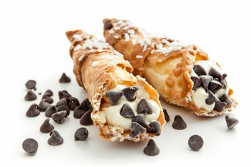 Delicious Marscapone chocolate chip with Cheese Filled Cannoli Pastries Isolated on a White Background 
