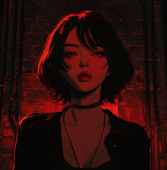 Black and red cyberpunk manga anime of an attractive Asian woman. Portrait of a beautiful Asian woman in noir style. Girl with bob hairstyle. AI generated