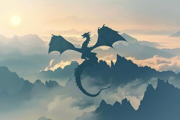 Capture the majestic dragon soaring over a misty mountain peak at sunrise, blending mythical and natural elements in a fascinating contrast Use an unexpected low-angle shot to emphasize its grandeur a