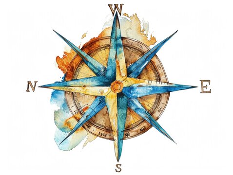 Watercolor clipart of a compass rose detailed and navigational