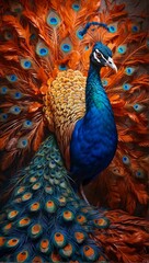 Fototapeta premium Painting of a Regal Peacock Proudly Displaying its Iridescent Plumage, Standing Amid the Splash Color Dynamic Background.