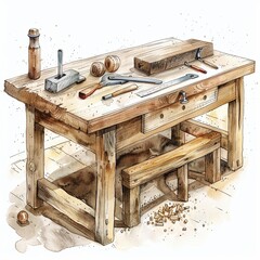 Watercolor illustration of a carpenters workbench clipart
