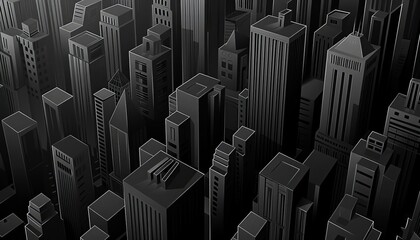 Craft a mesmerizing aerial view of a minimalist cityscape, blending sleek modernity with ominous undertones using a stark color palette of grays and blacks - obrazy, fototapety, plakaty