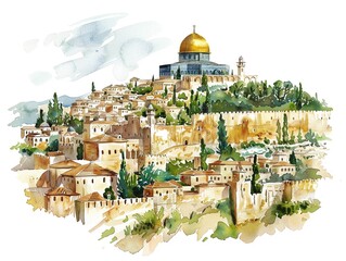 Obraz premium Watercolor illustration of a Nazareth landscape clipart