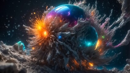 The Quantum World of Subatomic Debris, with a Splash of Coloration and Complex Orb Patterns. Turbulent Waves of Particles. Explosive Surreal Colors Background.