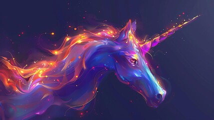 Create a close-up of a unicorns horn, focusing on its magical iridescence using a mix of metallic paints Play with a side angle to showcase its graceful curve and shimmering details - obrazy, fototapety, plakaty