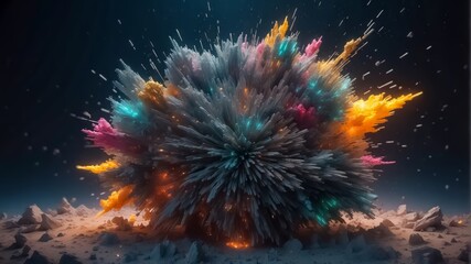 Fototapeta premium The Quantum World of Subatomic Debris, with a Splash of Coloration and Complex Patterns. Turbulent Waves of Particles. Explosive Surreal Colors Background.