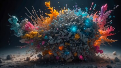 The Quantum World of Subatomic Debris, with a Splash of Coloration and Complex Patterns. Turbulent Waves of Particles. Explosive Surreal Colors Background.