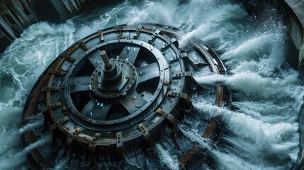 Hydroelectric dam turbine detail, water power generation, close-up, digital photography, sustainable infrastructure