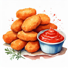 Watercolor painting of chicken nuggets and tomato sauce. Tasty fast food. Delicious meal. Hand drawn