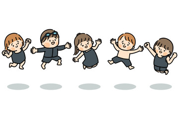 スクール水着を着てジャンプする笑顔の子供たち
