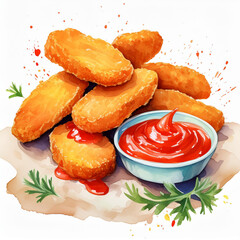 Watercolor painting of chicken nuggets and tomato sauce. Tasty fast food. Delicious meal. Hand drawn