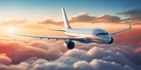 Commercial airplane jetliner flying above clouds in beautiful sunset light. Travel and business concept. panoramic banner background.