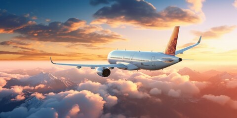 Commercial airplane jetliner flying above clouds in beautiful sunset light. Travel and business concept. Backside view, panoramic banner background.