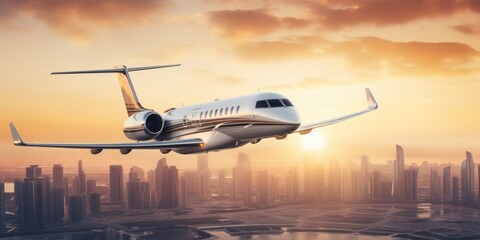 The private jet plane flying above Dubai city in beautiful sunset light. Modern and fastest mode of...