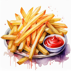 Watercolor painting of French fries and tomato sauce. Tasty fast food. Delicious meal. Hand drawn