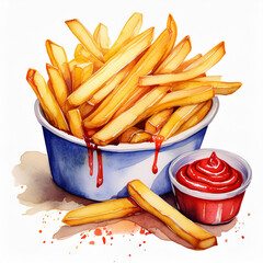 Watercolor painting of French fries and tomato sauce. Tasty fast food. Delicious meal. Hand drawn