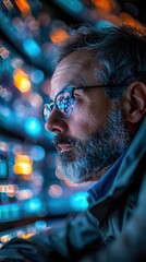 Fototapeta premium Network engineer monitoring 5G traffic, screens showing real-time data, close-up, digital photography, tech environment