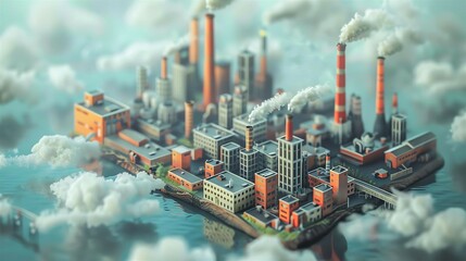 A city built on a cloud. The city is full of factories and skyscrapers. The factories are polluting the air. The city is in danger.