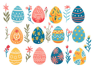Happy Easter greeting card with different colored eggs and spring flowers pastel colors holiday celebration card horizontal