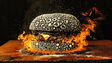 A burger with a black crust and a white cheese patty - obrazy, fototapety, plakaty