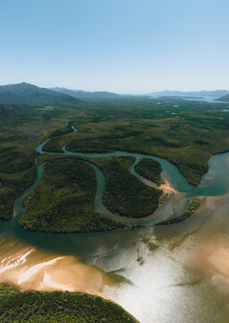 Aerial view of Mangroves in Hinchinbrook National Park. Mountains, rivers and Ramsay Bay Beach along the Thorsborne Trail on Hinchinbrook Island