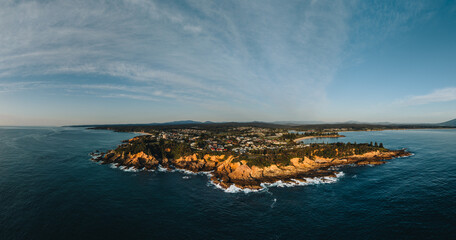 Aerial panorama view of The blue sea and white sands at Bermagui in the Eurobadalla Shire on the...