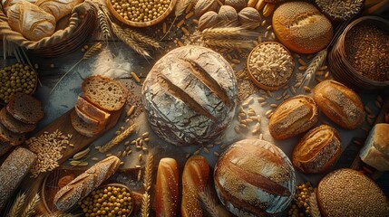 Assorted grains and breads spread out, the soft glow illuminating each texture, highlights the richness and variety of agrarian bounty.