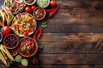 Mexican food on a wooden background, shown from above with various dishes such as tacos, black beans, tortilla chips, and guacamole salad