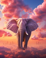 An elephant standing in the clouds with a pink background - obrazy, fototapety, plakaty