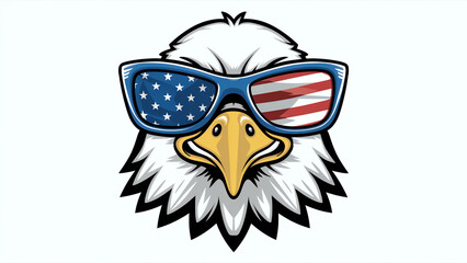 A cartoonish bold and patriotic illustration of a large bald eagle head wearing a pair of American flag sunglasses, which feature a blue field of stars and stripes. Generative AI