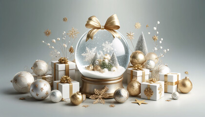 A holiday theme, a transparent snow globe surrounded by white and gold Christmas decorations