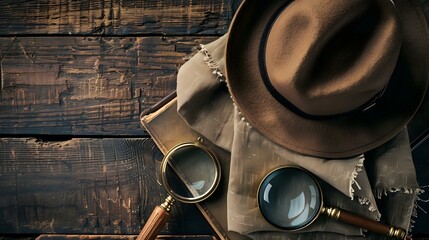 Investigation Concept Hat, Magnifying Glass, Vintage Items on Wooden Table