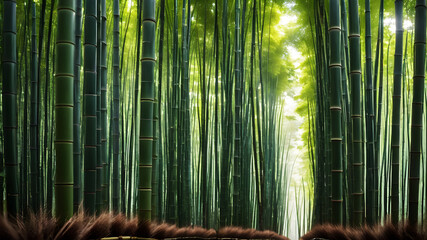 A tranquil bamboo forest, with tall stalks swaying gently in the breeze and shafts of sunlight...