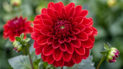 Red dahlia flowers in garden, natural beauty, vibrant colors, blooming season, close-up macro shot