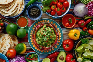 Mexican food background with pico de gallo, guacamole and salsas on the table with tortillas, chilies, peppers, tomatoes, avocados, leaves and other vegetables - obrazy, fototapety, plakaty
