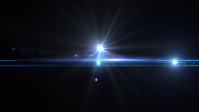 Abstract glow blue flashing optical lens flares shine light burst animation on black background.  Isolated QuickTime Alpha Channel ProRes 4444
