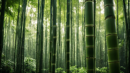 A tranquil bamboo forest, with tall stalks swaying gently in the breeze and shafts of sunlight...