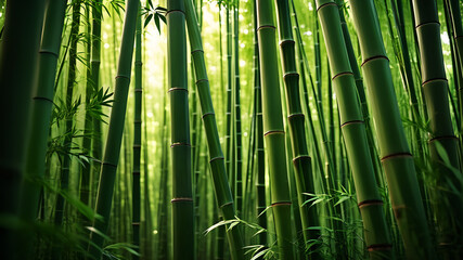 A tranquil bamboo forest, with tall stalks swaying gently in the breeze and shafts of sunlight illuminating the lush green foliage