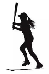 Silhouette of female baseball player on isolated white background. vector illustration.