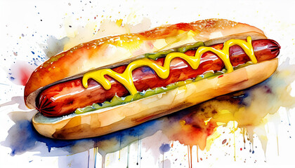 Watercolor painting of hot dog with grilled sausage and mustard. Tasty fast food. Delicious meal.