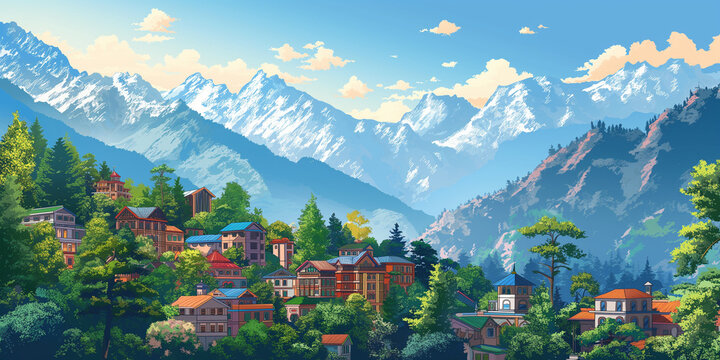 Manali hill station, India with its typical sights on a sunny day