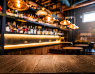 Wood table on blurry of liquor cafe bar, coffee shop, bar, background