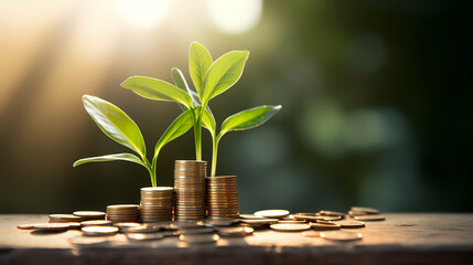 Coin pile plant on financial industry nature background